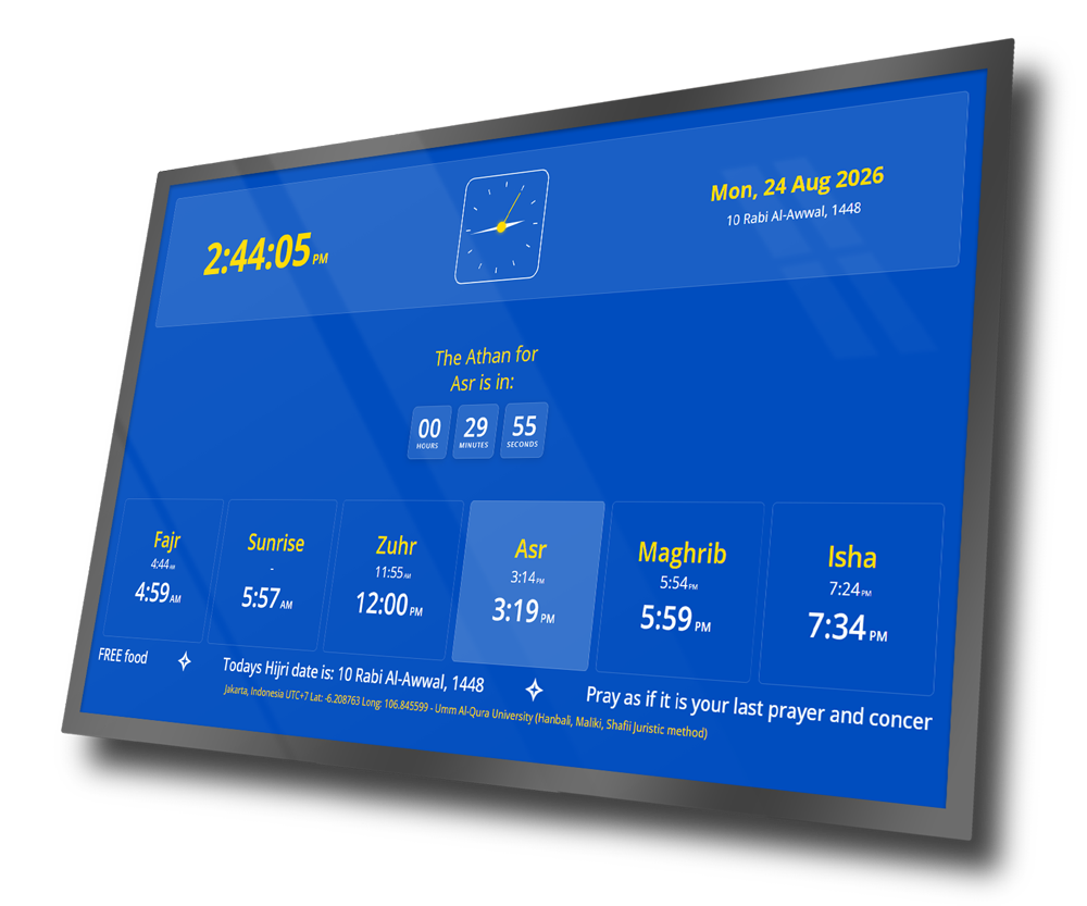 PrayerBoard mosque digital signage: prayer time display and iqamah on a mosque TV