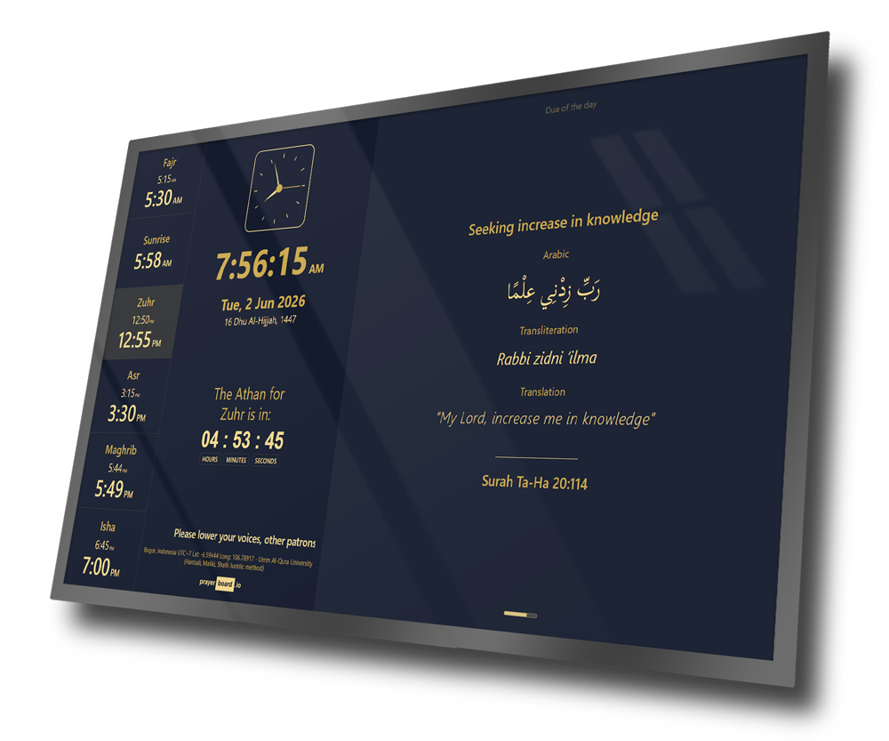 PrayerBoard masjid digital signage on a TV